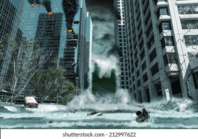 A cinematic portrayal of a city destroyed by Tsunami waves. Elements in this cityscape were carefully created, modified and manipulated to resemble a fictitious disaster scene.