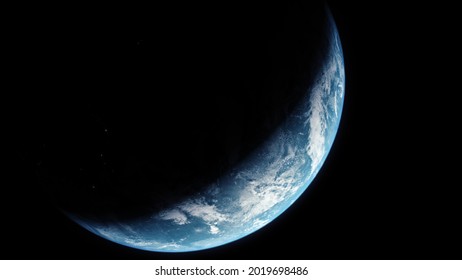 A cinematic rendering of planet Earth during sunrise as view from space with vibrant blue atmosphere and cloudy sky showing continents below