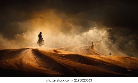 Cinematic Scene Of People In Desert With Approaching Sandstorm, Dramatic Lighting