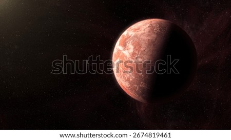 Cinematic view of an alien planet with red rocky surface, swirling atmosphere, and dramatic sunlight in deep space, science fiction background and cosmic landscape