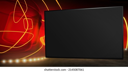 Cinematic Virtual Studio Background With An Empty Monitor, Ideal For TV News, Movie Shows Or Cinema Events. A 3D Illustration, Suitable On VR Tracking System Sets, With Green Screen