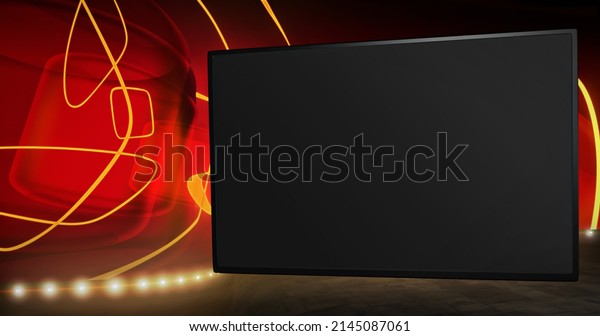 Cinematic virtual\
studio background with an empty monitor, ideal for TV news, movie\
shows or cinema events. A 3D illustration, suitable on VR tracking\
system sets, with green\
screen