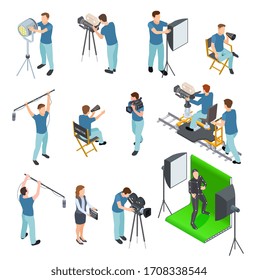 Cinematograph Isometric Set. People Work Camera Light Crew Movie Video Film Motion Production Tv Studio Green Screen 3d Set