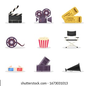 Cinematography Items Set. Movie Directing, Filmmaking. Cinema Ticket, 3D Glasses. Film Strip, Tape, Director Chair Isolated Cliparts. Classic Movie Clapper, Loudspeaker, Camera. Raster Copy