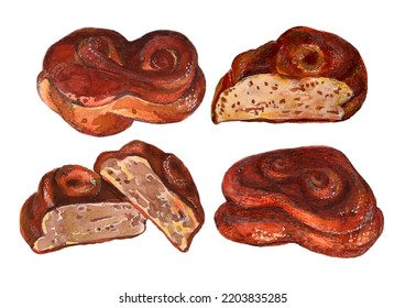 Cinnamon Bun, Baking, Drawing Food. Elements For The Design Of The Menu. A Recipe For Home Cooking. A Set Of Watercolor Illustrations, Painting. Isolated Objects On A White Background.