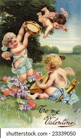 A circa 1906 Victorian Valentine greeting illustration, with cupids, hearts, flowers and musical instruments