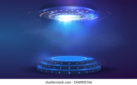 Circle Abstract Digital Technology UI Futuristic HUD Virtual Interface. Stage Futuristic  Podium In Fog. Empty Futuristic Pedestal For Award Ceremony, Platform Illuminated By Spotlights, Stage. 