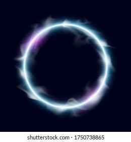 Circle Banner. Flyer Round Design Template With Glowing Neon Tube Circle Around Background. Flash Effect