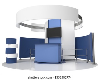 Circle Base Exhibition Booth, Stand. White And Blue Empty Stall. 3D Render