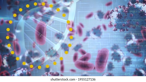 Circle, Coronavirus Cells, And Double Helix Over Data Processing, Technology And Covid-19 Concept. Digitally Generated Image.