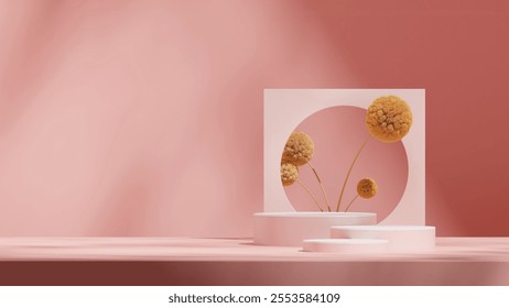circle doorway, rendering 3d scene template pink color curved cylinder podium in landscape
