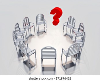 A Circle Of Empty Chairs ,question Mark In The Meddle