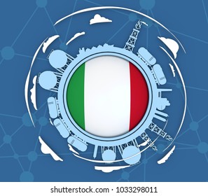 Circle with energy relative silhouettes. Objects located around circle. Industrial design background. Flag of the Italy in the center. 3D rendering