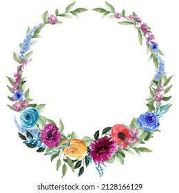 Circle Floral Frame, Wildflower Wreath, Red, Yellow, Blue, Orange Flowers And Floral Elements Round Frame, Watercolor Asters, Roses, Peony, Twig, Summer Meadow Flowers Border, Isolated On White