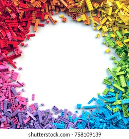 Circle Frame Of Colorful Rainbow Toy Bricks. 3D Rendering.