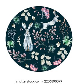Circle frame of winter plants and hare watercolor illustration isolated on white.