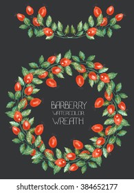 A circle frame, wreath and garland of the rosehip branches, hand-drawn in a watercolor on a dark background, a decoration postcard or invitation for a wedding, celebration, holiday