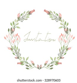 Circle frame, wreath of pink flowers and branches with green leaves painted in watercolor on a white background, greeting card, decoration postcard or invitation