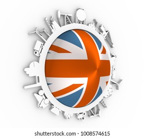 Circle with industry relative silhouettes. Objects located around the circle. Industrial design background. Flag of the Great Britain in the center. 3D rendering