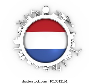 Circle with industry relative silhouettes. Objects located around the circle. Industrial design background. Flag of the Netherlands in the center. 3D rendering