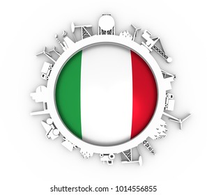 Circle with industry relative silhouettes. Objects located around the circle. Industrial design background. Flag of the Italy in the center. 3D rendering