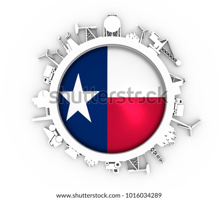 Circle with industry relative silhouettes. Objects located around the circle. Industrial design background. Flag of the Texas in the center. 3D rendering