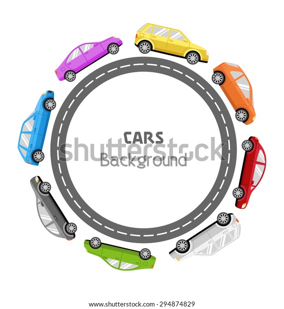 Circle Road Frame with Colorful Cars Isolated\
on White\
Background