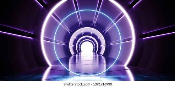 Circle Sci-Fi Futuristic Round Cylinder Shaped Corridor With Led Blue And White Lights Glowing With Reflection Blue Material And White End Spaceship Interior Technology Concept 3D Rendering  