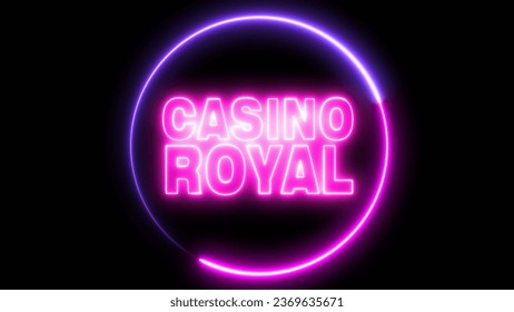 Circle shape frame colorful color glowing fluorescent neon lights and Casino Royal neon sign. Casino text font with light. Luminous and shimmering haze inside the letters of the text Casino Royal - Powered by Shutterstock