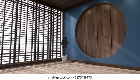 Circle shelf wall design, blue empty  room japanese deisgn, tatami mat floor. 3D rendering