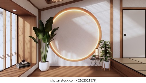 Circle shelf wall design, empty room japanese deisgn with tatami mat floor. 3D rendering
