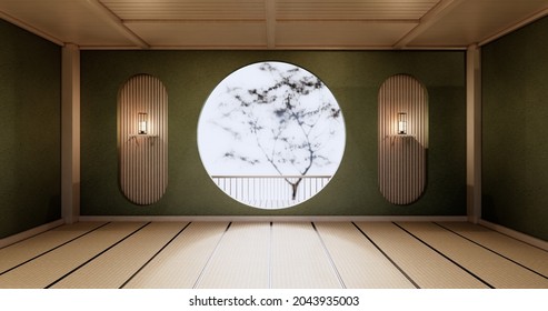 Circle shelf wall design, green empty  room japanese deisgn, tatami mat floor. 3D rendering