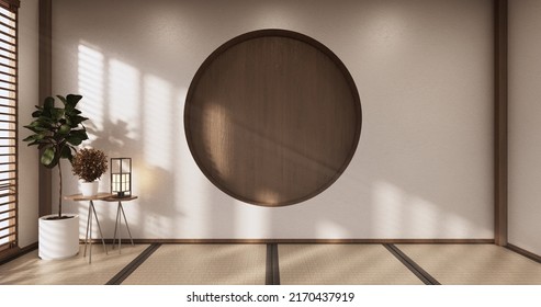 Circle shelf wall design, white empty  room japanese deisgn, tatami mat floor. 3D rendering