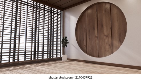 Circle shelf wall design, white empty  room japanese deisgn, tatami mat floor. 3D rendering