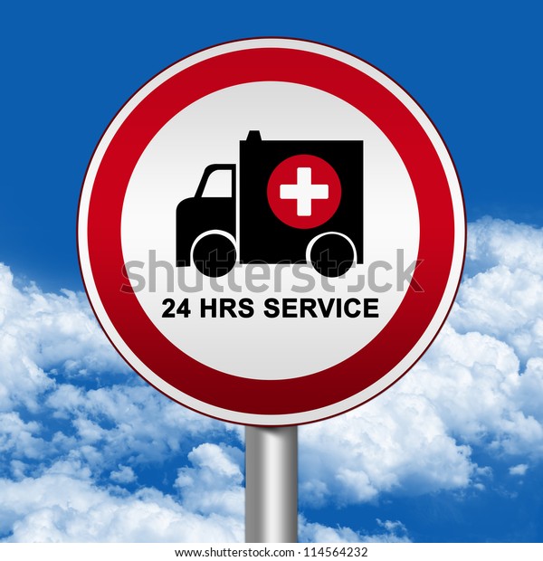 Circle\
Silver Metallic and Red Metallic Border Road Sign For Ambulance Car\
24 HRS Service Against The Blue Sky\
Background