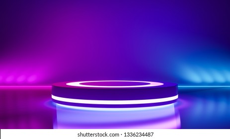 Circle Stage And Purple Neon Light, Abstract  Background, Ultraviolet Concept, 3d Render