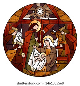 Circle Stained Glass With The Christmas And Adoration Of The Magi Scene In Beige And Brown Colors