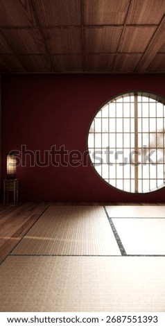 Circle window wall design, Red color empty  room japanese deisgn, wooden floor. 3D rendering