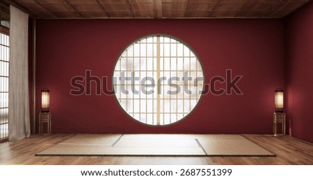 Circle window wall design, Red color empty  room japanese deisgn, wooden floor. 3D rendering