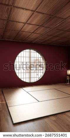 Circle window wall design, Red color empty  room japanese deisgn, wooden floor. 3D rendering
