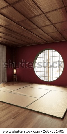 Circle window wall design, Red color empty  room japanese deisgn, wooden floor. 3D rendering
