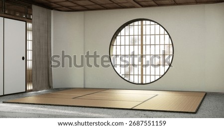 Circle window wall design, white empty  room japanese deisgn, tatami mat floor. 3D rendering