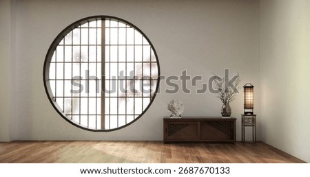 Circle window wall design, white empty  room japanese deisgn. 3D rendering