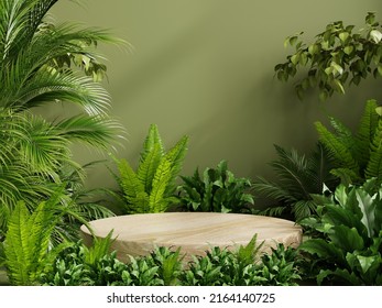 Circle Wood Pedestal In Tropical Forest For Product Presentation And Green Wall.3d Rendering