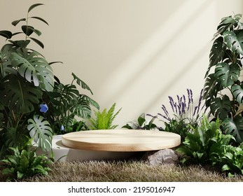 Circle Wooden Plinth In Tropical Forest For Product Presentation And Cream Color Background.3D Rendering