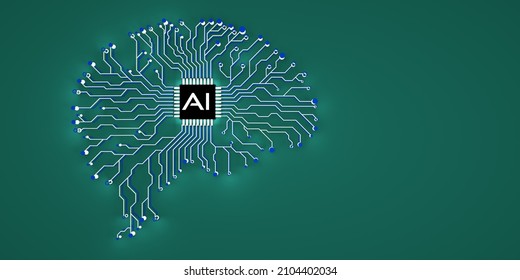 Circuit board computer style brain technology background. Artificial intelligence concept. Abstract brain made from printed circuit. 3d render