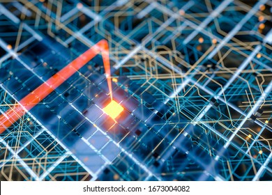 Circuit board and current data, data background, 3d rendering. Computer digital drawing.