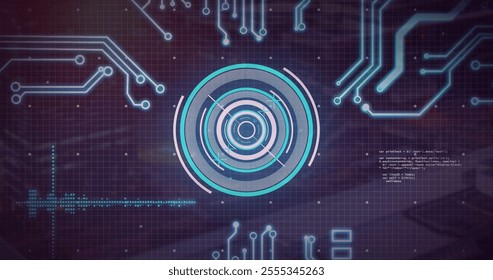 Circuit board and digital target image over grid background. Technology, innovation, futuristic, electronics, data, interface - Powered by Shutterstock