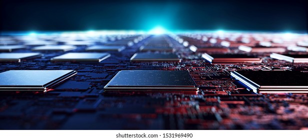 Circuit board futuristic server code processing. Red,  black, blue technology background with bokeh. 3d Illustration