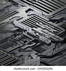 Circuit board futuristic server code processing.Gray technology background. 3d rendering abctract circuit board.